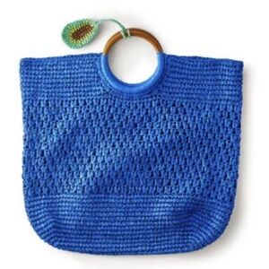 Tabitha Brown Blue Raffia Straw Crochet Tote Bag Wood Handle Avocado + mini bag